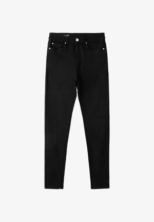Sorte højtaljede skinny jeans med knap foran, lynlås og design med fem lommer, lagt fladt på hvid baggrund.