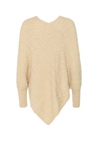 Gebreide poncho in licht beige met een gestructureerd visgraatpatroon, voorzien van een V-hals en wijde mouwen, taps toelopend aan de onderkant.