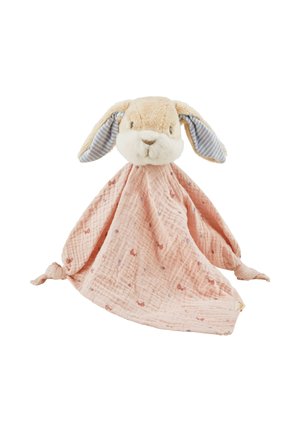 Soft plush rabbit head with floppy ears, attached to a pink, crinkled fabric blanket featuring small, scattered patterns. Knotted ends.