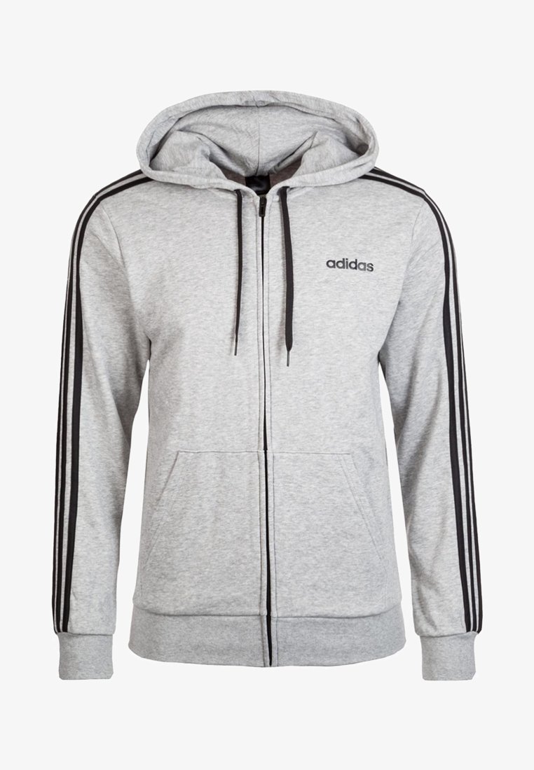 Sweat à capuche zippé Adidas gris clair avec cordons de serrage noirs, trois bandes noires le long des manches, poches kangourou, et petit logo sur la poitrine.