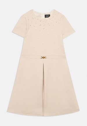 Beige short-sleeve dress with small decorative crystals on the upper front, a front pleat, and a thin belt with gold Medusa buckle.