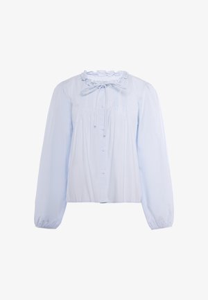 Hellblaue Langarmbluse mit Knopfleiste vorne, geraffter Taille, elastischen Bündchen und Rüschenkragen mit gebundener Schleife.