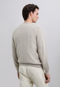 Hellgrauer Strickpullover mit Rundhalsausschnitt und gerippten Bündchen, kombiniert mit cremefarbenen Hosen. Weiche Textur, minimalistisches Design.