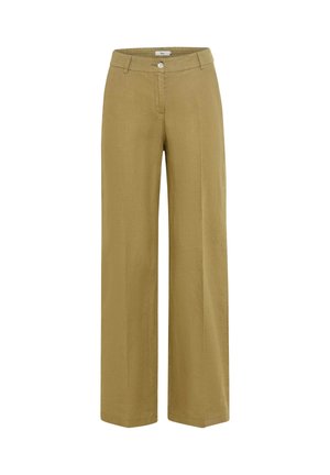 Khakifarbene Hose mit weitem Bein, Gürtelschlaufen, vorderem Knopf- und Reißverschluss, aus leichtem Stoff gefertigt.