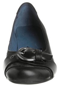 Ballerines en cuir noir avec un bout rond, ornées d'une boucle décorative et d'une finition lisse. L'intérieur est garni d'une doublure bleue.