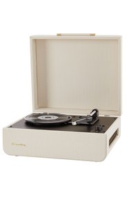 Vinyl record player with a textured cream exterior, black turntable and control knobs, gold logo, and a liftable lid.