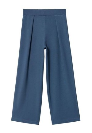 Pantalon bleu à jambes larges avec une taille haute et des plis sur le devant, confectionné dans un tissu lisse.