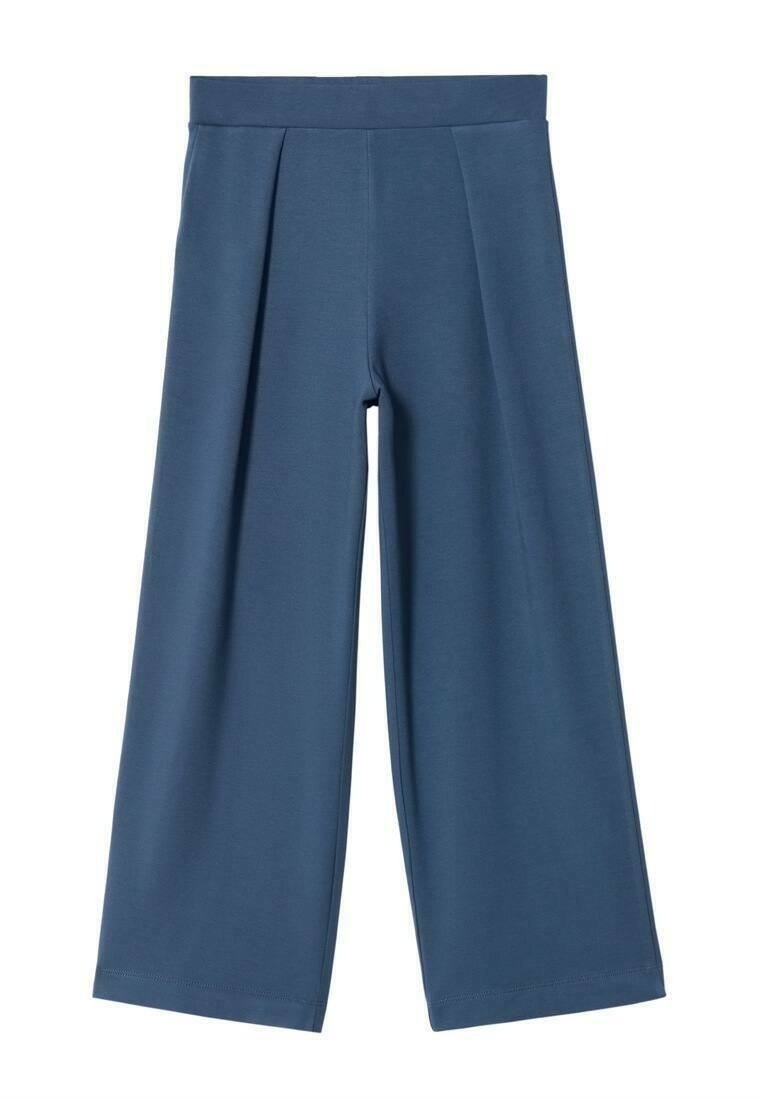 Pantalon bleu à jambes larges avec une taille haute et des plis sur le devant, confectionné dans un tissu lisse.