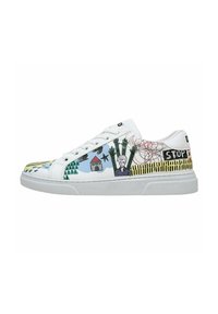 White sneaker with colorful graphic designs, featuring houses, trees, and bold text. Made of canvas with a rubber sole and lace-up closure.