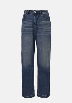 Dunkelblaue Denim-Jeans mit geradem Bein Design, ausgestattet mit einem Knopfverschluss, fünf Taschen und einer leichten Ausbleichung an der Vorderseite.