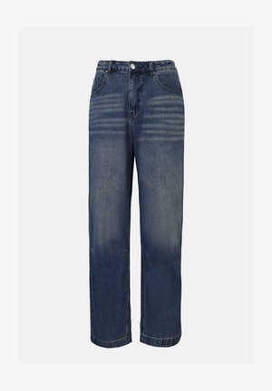 Dark blue denim jeans with a straight leg design, featuring a button closure, five-pocket styling, and light fading along the front.