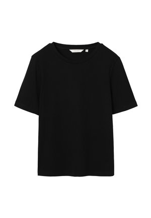 Sort T-shirt i bomuld med rund halsudskæring og korte ærmer. Designet er enkelt og uden pynt, uden logoer eller mønstre.