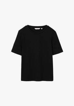 Sort T-shirt i bomuld med rund halsudskæring og korte ærmer. Designet er enkelt og uden pynt, uden logoer eller mønstre.