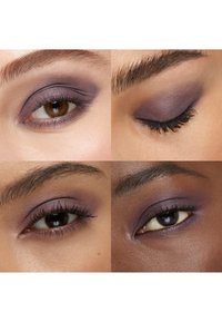 Quatre gros plans d'yeux avec un fard à paupières violet et du mascara, montrant différentes teintes de peau et positions de paupières, y compris les yeux ouverts et fermés.