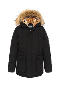 Sort isoleret parka-jakke med hætte foret med imiteret pels, to forlommer og et blødt brunt inderfoer. Lynlås foran.