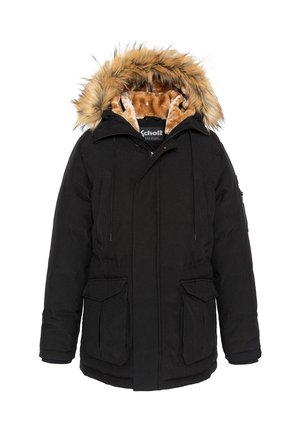 Czarna ocieplana parka z kapturem podszytym sztucznym futerkiem, dwoma przednimi kieszeniami i miękką brązową podszewką wewnętrzną. Zapięcie na suwak z przodu.