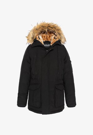 Schwarze isolierte Parka-Jacke mit Kapuze, die mit Kunstpelz gefüttert ist, zwei Fronttaschen und einem weichen braunen Innenfutter. Reißverschluss als Frontverschluss.
