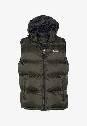 Olijfgroene puffer vest met capuchon, glanzende stof, rits aan de voorkant en twee zijzakken. Heeft een logo op de bovenste linkerzijde.