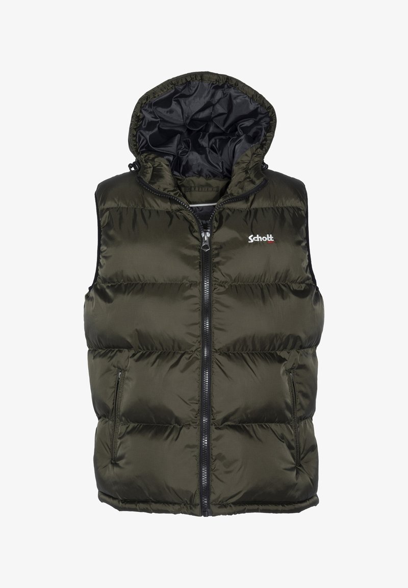 Olivgrüne Steppweste mit Kapuze, glänzender Stoff, Frontreißverschluss und zwei Seitentaschen. Merkmale ein Logo auf der oberen linken Seite.