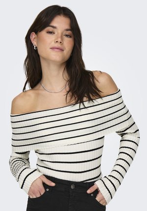 Off-shoulder ribbeltop in crèmekleur met zwarte horizontale strepen, voorzien van lange mouwen, een getailleerd ontwerp en gestreepte accenten op de mouwen.