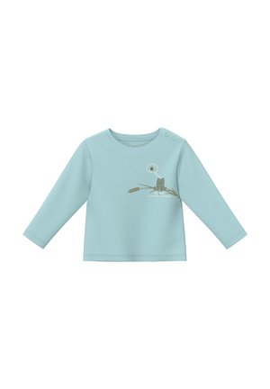 Chemise à manches longues bleu clair pour tout-petit avec boutons à l'épaule, illustrant une grenouille sur une branche qui pense à une abeille avec le texte « tu es inoubli-a-grenouille. »