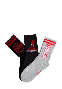 Drei Paare von Knöchelsocken mit Spider-Man-Themen: schwarz mit rotem Netzmaske, schwarz mit Spider-Man-Gesicht und Text, grau mit rotem Marvel-Logo.