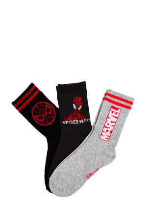 Drei Paare von Knöchelsocken mit Spider-Man-Themen: schwarz mit rotem Netzmaske, schwarz mit Spider-Man-Gesicht und Text, grau mit rotem Marvel-Logo.