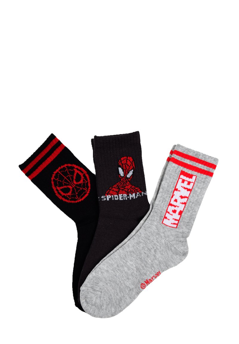 Drei Paare von Knöchelsocken mit Spider-Man-Themen: schwarz mit rotem Netzmaske, schwarz mit Spider-Man-Gesicht und Text, grau mit rotem Marvel-Logo.