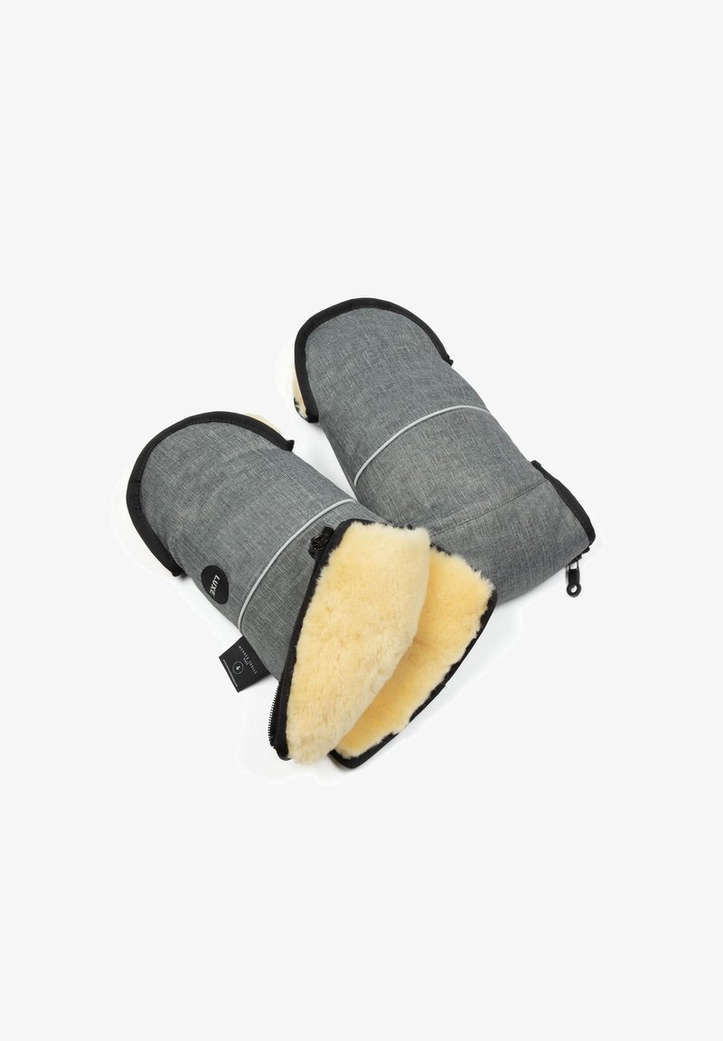 Grijze textiele wanten met zwarte accenten, voorzien van een zachte, crèmekleurige fleece voering en een ritssluiting voor gemakkelijke toegang.