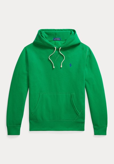 Sweat à capuche vert avec poche avant, cordons blancs et petit logo Polo Ralph Lauren bleu brodé sur la poitrine.