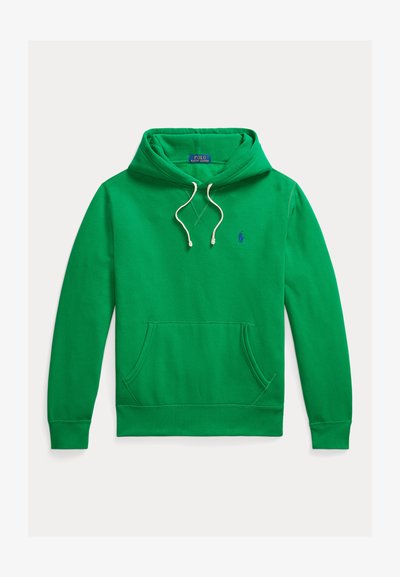 Sweat à capuche vert avec poche avant, cordons blancs et petit logo Polo Ralph Lauren bleu brodé sur la poitrine.