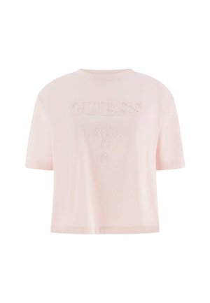 T-shirt court à manches courtes rose clair avec logo embossé "GUESS USA" et design de point d'interrogation sur le devant.