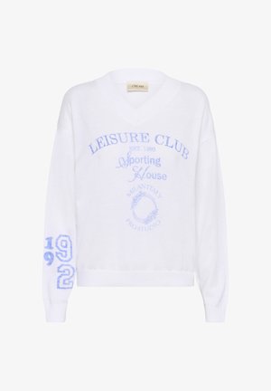 Valge soonikkoes kampsun v-kaelusega, millel helesinised tekstid: "LEISURE CLUB" ja "1992." Soonikkoes varrukateotsad ja alläär, lõdvestunud lõige, pehme tekstuur.