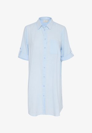 Himmelblaues Hemd mit Knöpfen aus strukturiertem Stoff, mit einer Brusttasche und hochgekrempelten Ärmeln. Klassischer Kragen und gerader Schnitt.