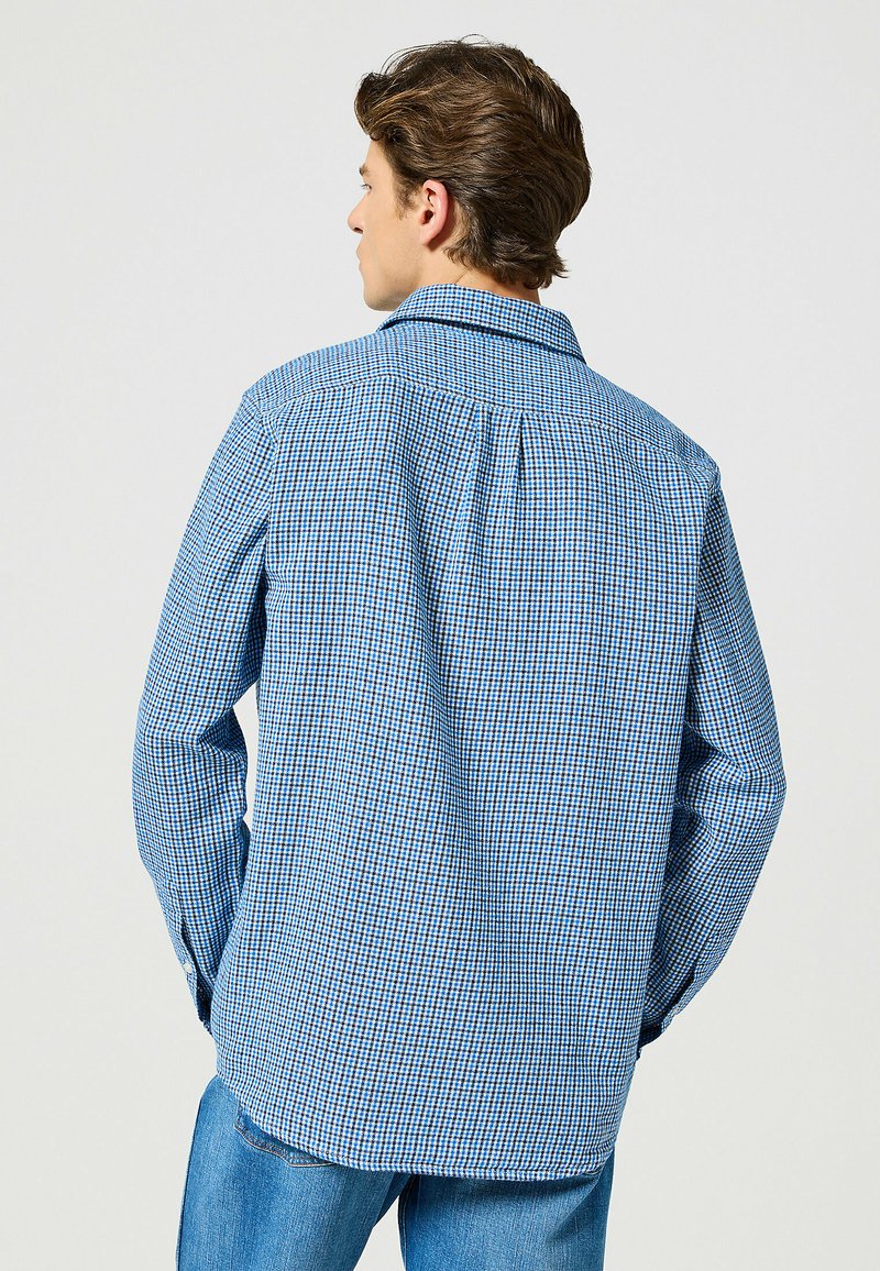 Camicia button-up a quadri blu e bianchi con maniche lunghe, colletto e dettaglio di piega sul retro, abbinata a jeans in denim azzurri chiari.