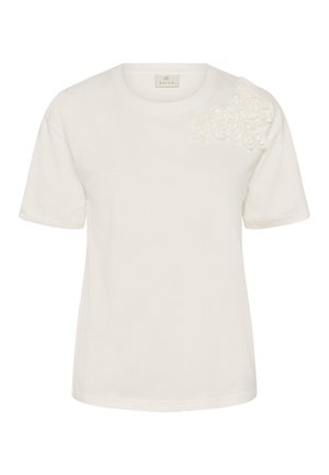 Tricou alb cu mâneci scurte, decolteu rotund și aplicații florale texturate pe umărul stâng.