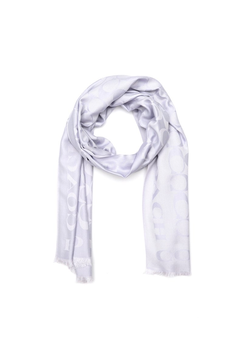 Lyserød lavendel scarf med et subtilt logo-mønster, blød tekstur og frynser i kanterne. Stoffet ser glat og let ud.