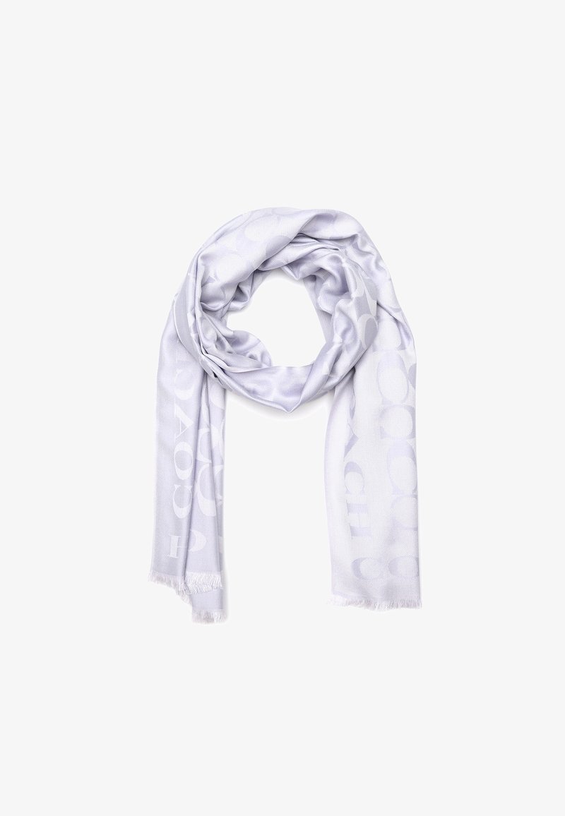 Lyserød lavendel scarf med et subtilt logo-mønster, blød tekstur og frynser i kanterne. Stoffet ser glat og let ud.