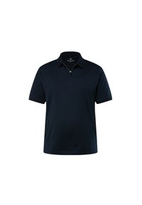 T-paita laivastonsinisestä pehmeästä kankaasta, jossa on vetoketjukaulus, lyhyet hihat ja suora helma. Yksinkertainen muotoilu ilman kuvioita.