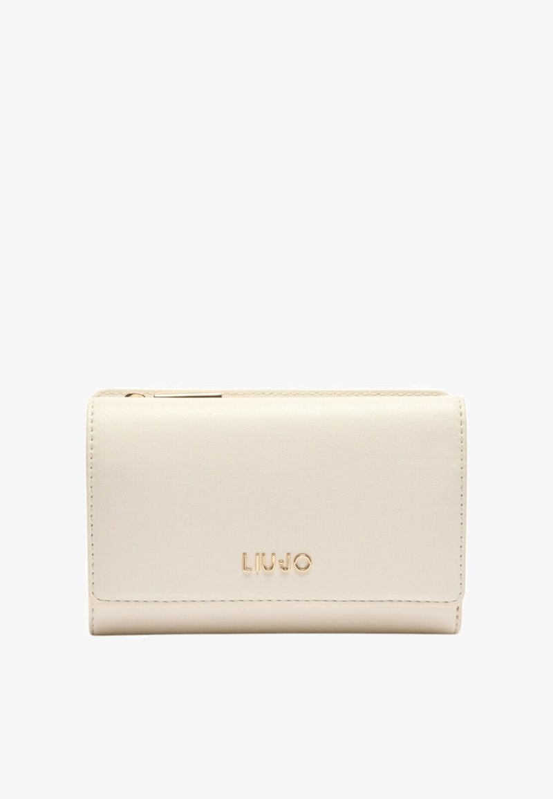 Portafoglio color crema realizzato in morbida pelle sintetica, con accessori dorati e logo "LIU JO" impresso sul fronte.