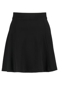 Falda negra con vuelo hecha de una tela suave con una textura lisa. Presenta un diseño simple y una cinturilla elástica para mayor comodidad.