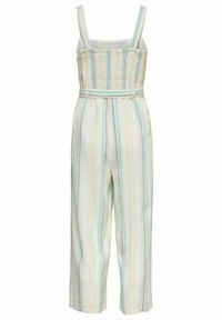 Combinaison smockée avec jambes larges, fines bretelles et rayures verticales pastel. Fabriquée en tissu léger avec une ceinture à la taille pour un ajustement.