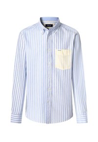 Camisa de manga larga a rayas en azul claro y blanca con un bolsillo parche a rayas amarillas y cuello con botones. Presenta cierres de botón.