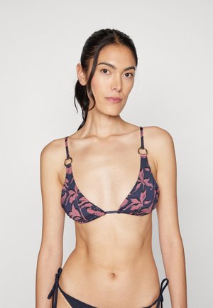 Navy floral bikini top with triangular cups, adjustable straps, and gold accents. Features a floral pattern in shades of pink.