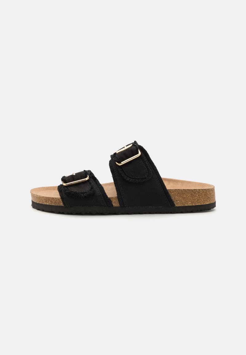 Svarta slidesandaler med två spännen, en korkfotbädd och en texturerad gummisula. Tillverkade av tyg med kontrasterande accenter.