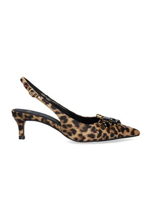 Sandal de tacón con estampado de leopardo, punta afilada, acentos de hardware dorado y superficie texturizada. Forro interior negro y tacón bajo.