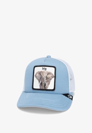 Blue baseball cap with white mesh back, featuring an embroidered elephant image in a square patch, accented by the word "big" above the elephant.