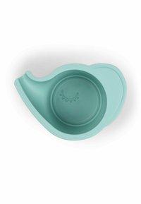 Lichtblauw siliconen babybord in de vorm van een olifant, met een brede rand en een gesloten-oogdesign dat binnenin is in reliëf.