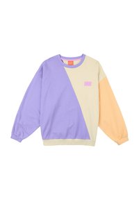 Sweatshirt violet, crème et pêche avec des manches longues, col rond et un petit patch logo rose sur la poitrine. Matière en coton doux.