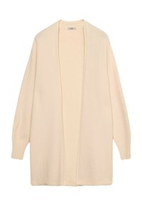 Cardigan color crema con una vestibilità ampia, maniche lunghe, apertura frontale e polsini a costine. Materiale in maglia morbido e testurizzato senza motivi visibili.